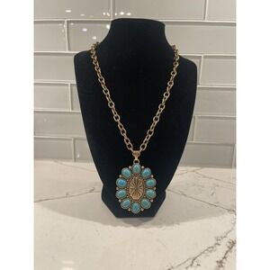 Vintage Gold Tone Turquoise Cabochon Sunburst Pendant Statement Necklace Boho